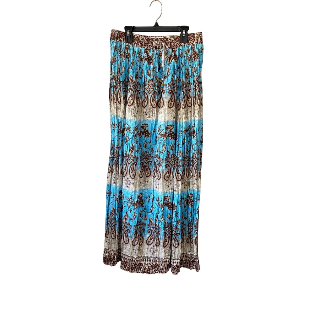 Southwest Canyon Blue Brown Paisley Cotton Maxi Skirt Medium Boho Beaded India